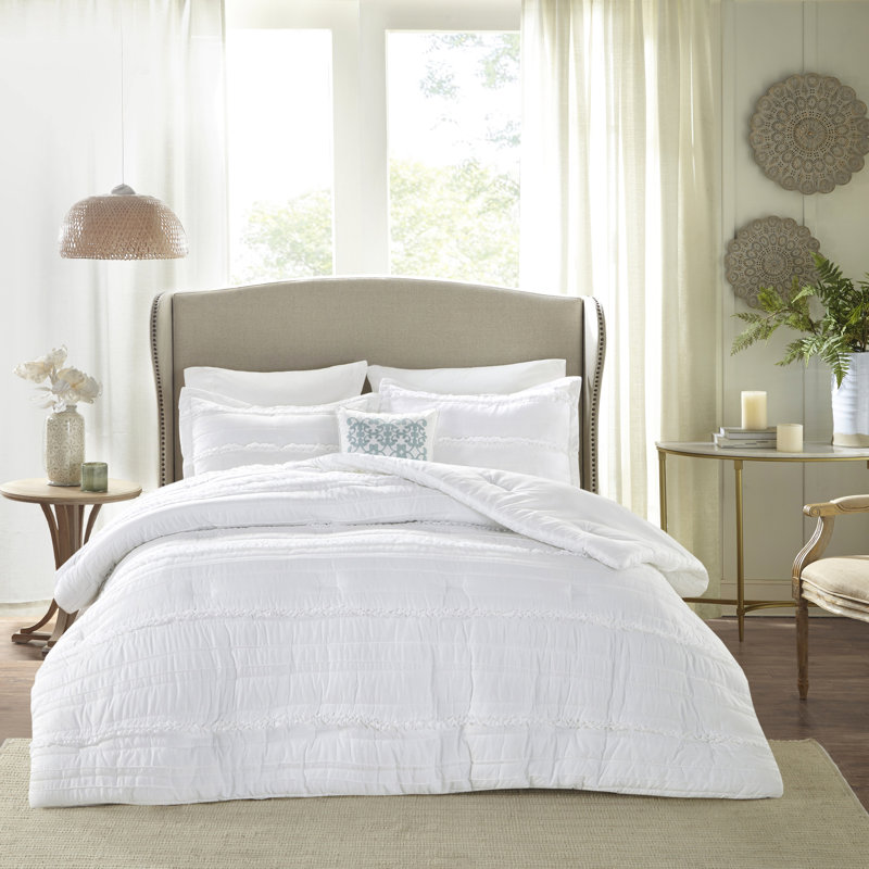 Édredon blanc très grand avec 5 éléments en microfibre, volant et pièce à volants, très grand