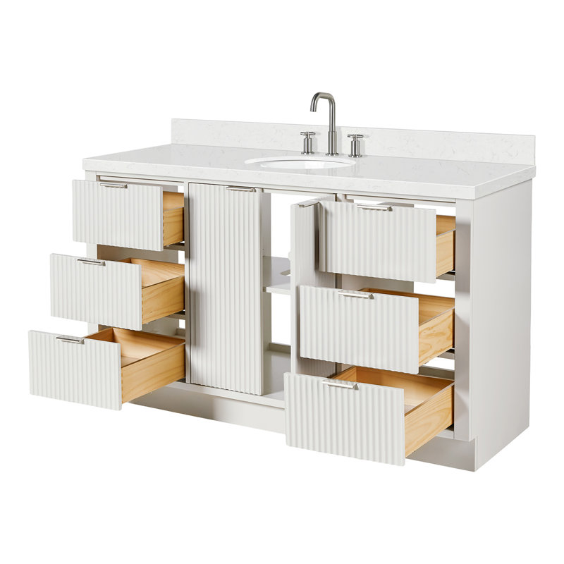 Meuble-lavabo simple en bois massif 60 po avec plateau en quartz blanc chaud de 1,5 po Haun Haun, Ovale, Blanc chaud, 60"