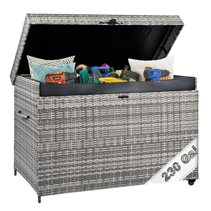 Coffre de terrasse en osier de 230 gallons avec roulettes, bac de rangement extérieur pour meubles de patio, coussins, outils