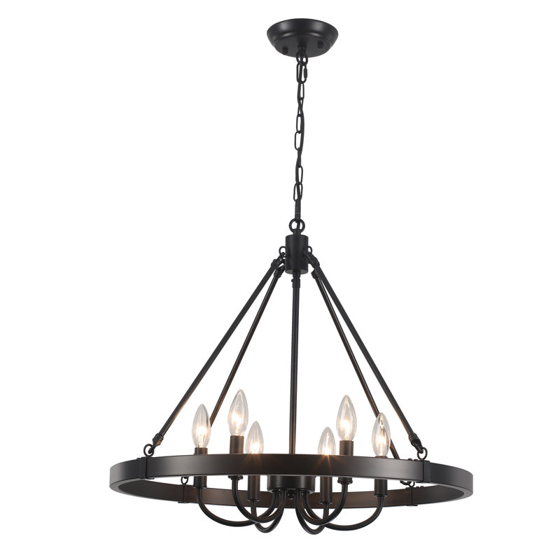 6 - Light 23.6" Dimmable Farmhouse Rustic Candle Style Wagon Wheel Chandelier Round Rustic Foyer Chandeliers For Barn, Kitchen Island, Entry, Living Room