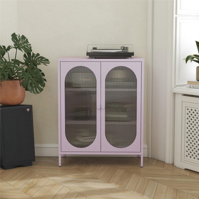 Buffet décoratif 2 portes en métal avec verre cannelé, H 40,01 po x l 31,55 po x P 15,8 po