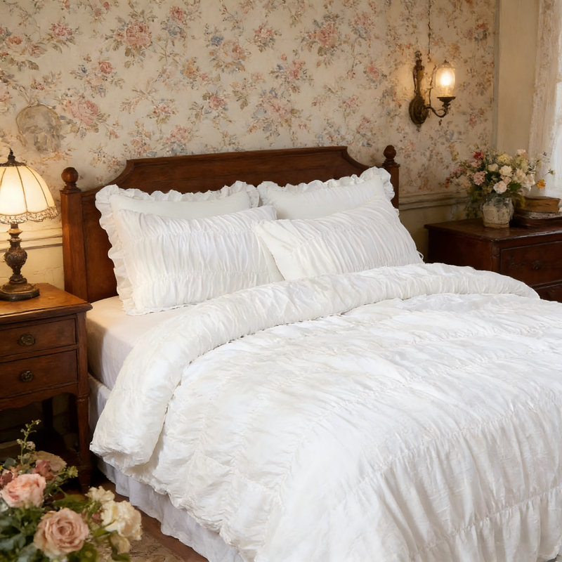 Nayoroom 3 Pieces Ruched Duvet Cover Set Bed Set Boho Bedding Set For Bedroom Soft Fluffy Ruffle Comforter Cover Set With Pillowcases