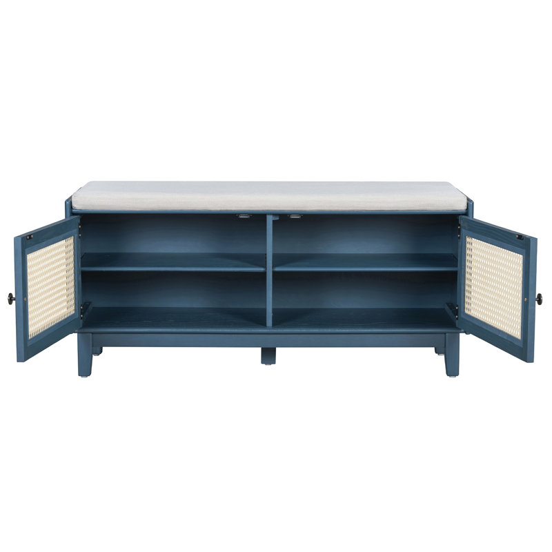 Banc de rangement en rotin avec rangement Boho, Bleu marine antique; beige