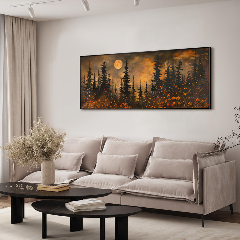 Très grande reproduction d'art sur toile - Forêt rétro avec illustrations de pleine lune et de fleurs sauvages pour le salon ou la chambre à coucher - «Assemblage requis du cadre (cadre non fini)»