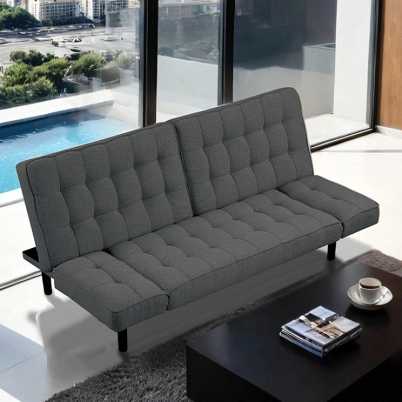 Futon Sofa Biscuit Tufting Seat Back 1Pc Sofa Adjustable Arm Rests Converts To Bed Couch, Dark Gray  