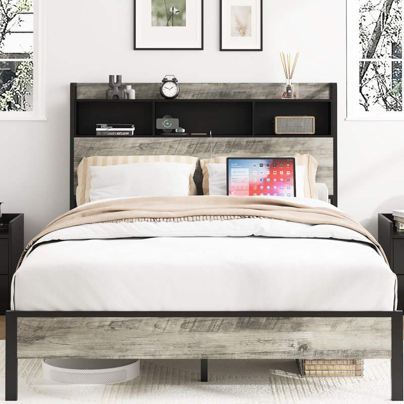 Structure de lit double avec 2 tablettes et rangement, style classique, lattes en bois, sans bruit, installation facile en gris antique, rangement, ports, fonctionnement silencieux, outils d'assemblage, boîte