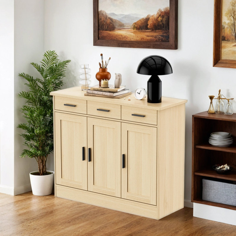 Buffet en chêne de 43,3 po de largeur, armoire à café avec 3 tiroirs et 3 portes, buffet de cuisine pour le salon, cuisine