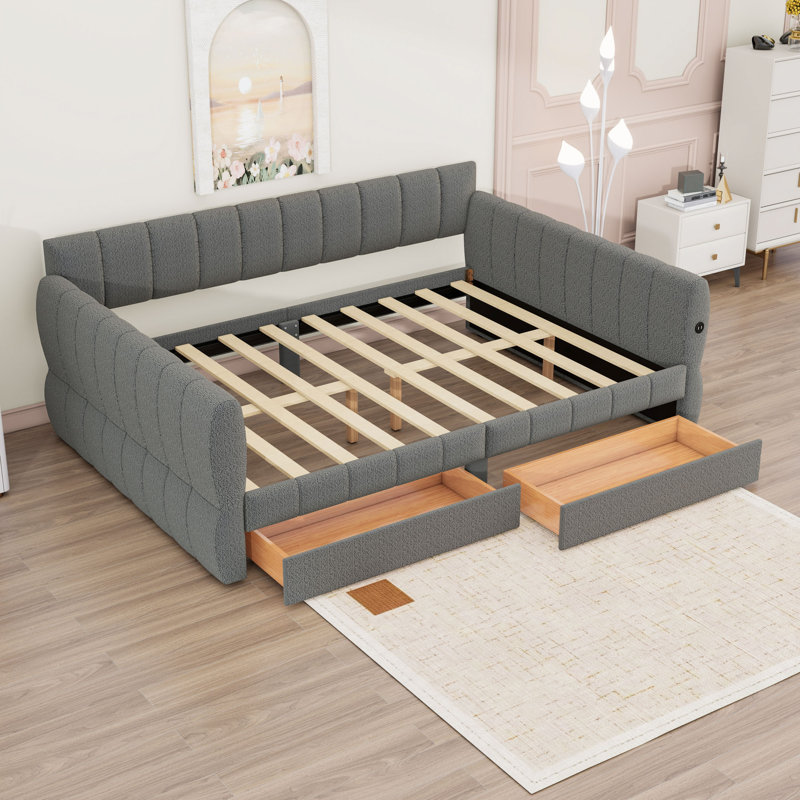 Queen Size Upholstered Daybed with Built-In USB Ports and Dual Storage Drawers, Gray