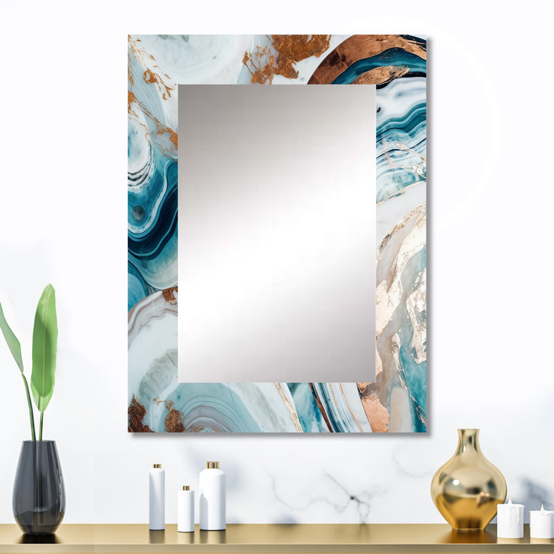 Blue Gold Half Circle Marble Abstract V - Marble Large Mirror, Modern Unique Wall Mirror Decor, Printed Metal Art, 32" x 24"