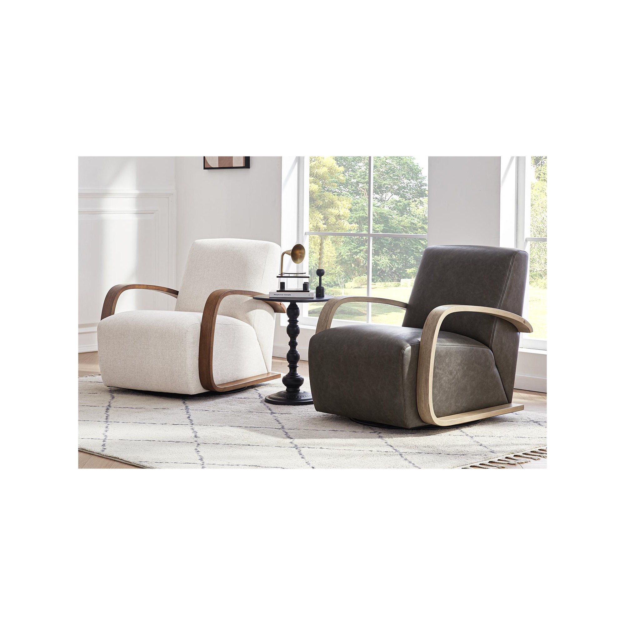 Brehana Swivel Armchair, Hearth Walnut, Washed Linen Performance Weave