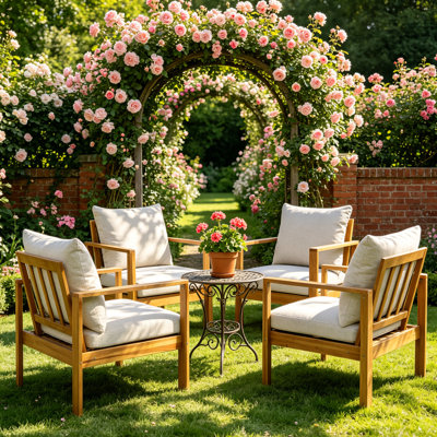Ensemble de 4 chaises de patio d'extérieur avec coussins - structure en bois d'acacia massif, coussins en éponge à haute résilience hydrofuge, large siège profond pour le jardin, la cour arrière, le porche