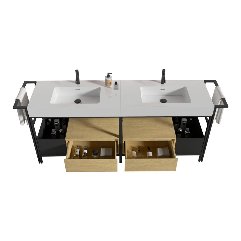 Meuble-lavabo 72 po avec lavabo en pierre artificielle, tiroirs et barre à serviettes ajustable Tharp, Blanc