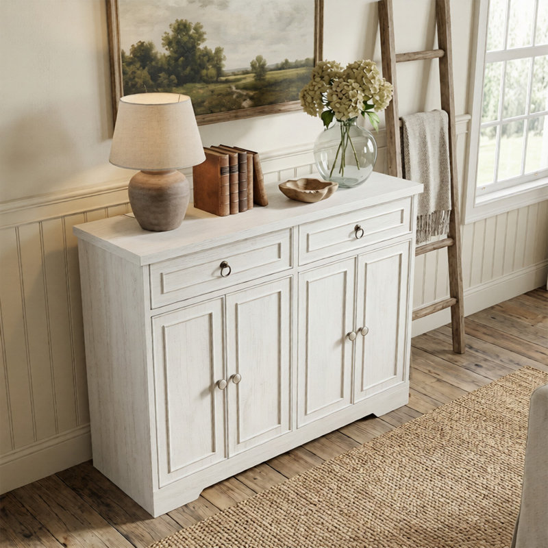 Buffet de 43,3 po avec buffet à 2 tiroirs en bois avec tablette réglable pour la cuisine et la salle à manger, Blanc antique