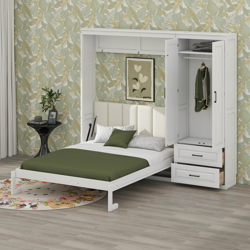 Lit escamotable horizontal Queen Size avec étagères de rangement, lit-armoire mural pliable en bois dissimulé avec garde-robe et tiroir, tête de lit rembourrée