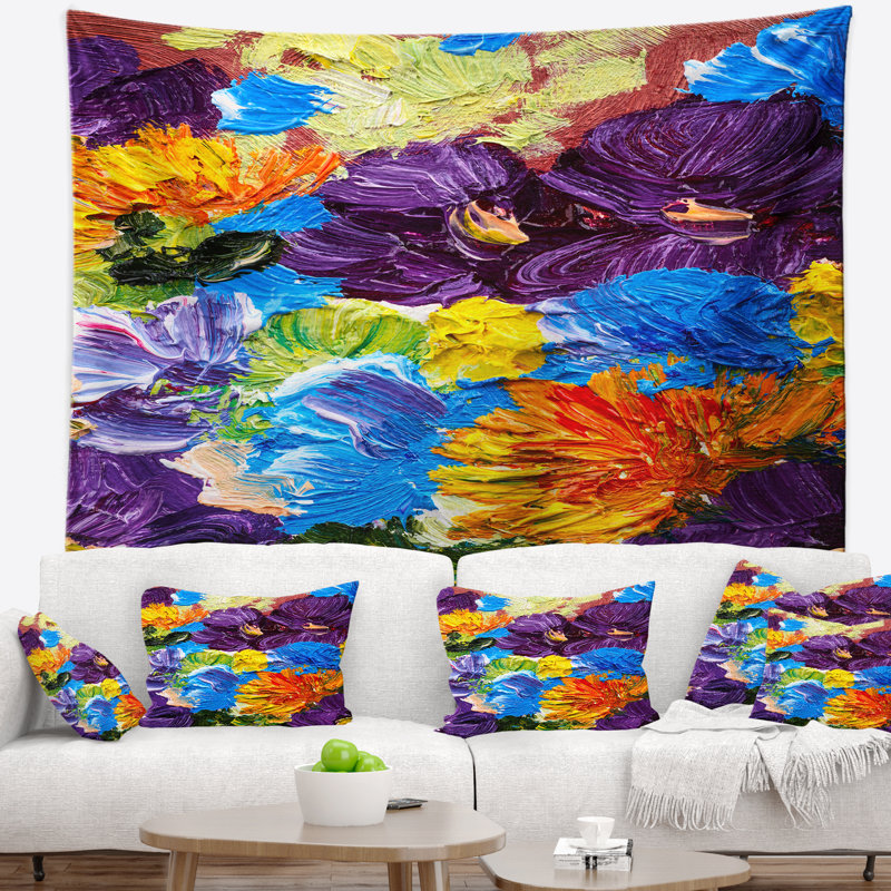 Tapisserie de fleurs abstraites fortement texturées, H 50 po x l 60 po