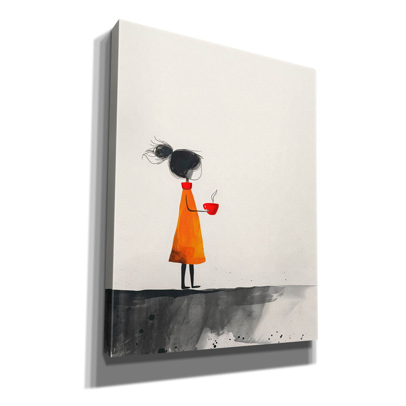 Art mural sur toile Lark Manor ™, "La fille avec la tasse de café rouge", 26 po x 34 po