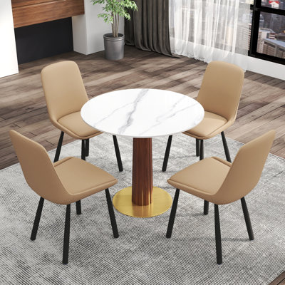 Ensemble de 5 petites tables de conférence rondes en pierre frittée 5 pièces avec 4 chaises en cuir synthétique