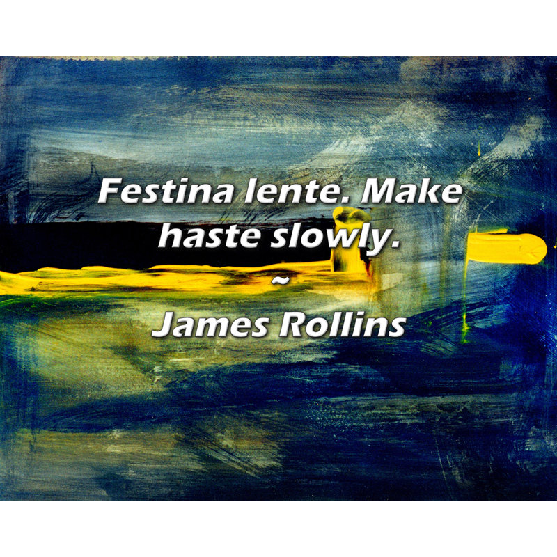 Citation artistique «Festina lente. Hâtez-vous lentement». Toile tendue par James Rollins Gallery, H 17 po x l 24 po