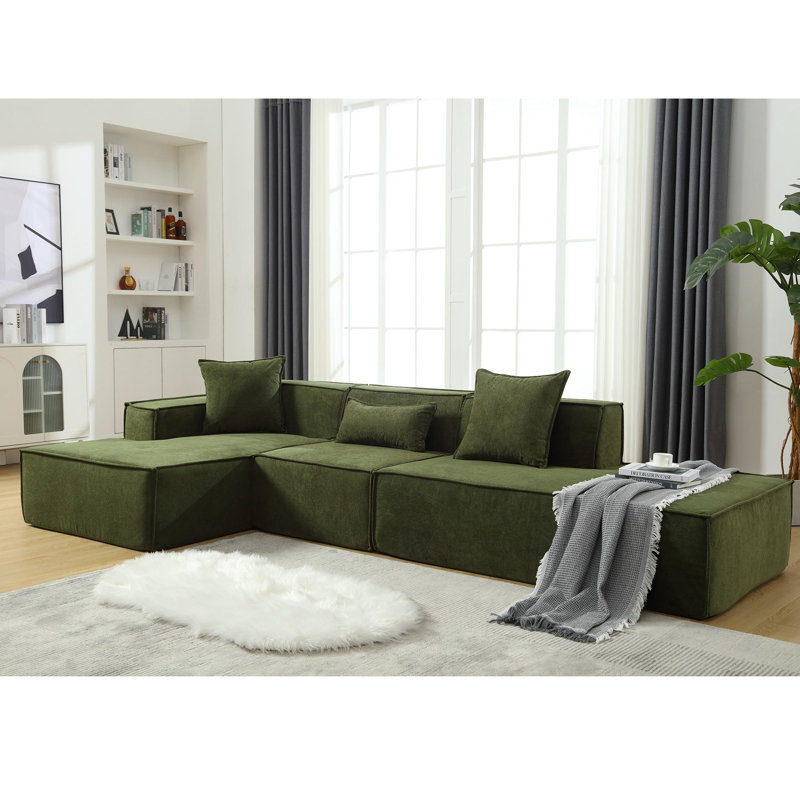 Canapé modulaire 3 places avec causeuse Boneless, Polyester vert, Orienté à gauche (vu de face)