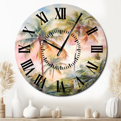 Palm Trees Romantic Sunset III - Floral Black Face Wall Clock
