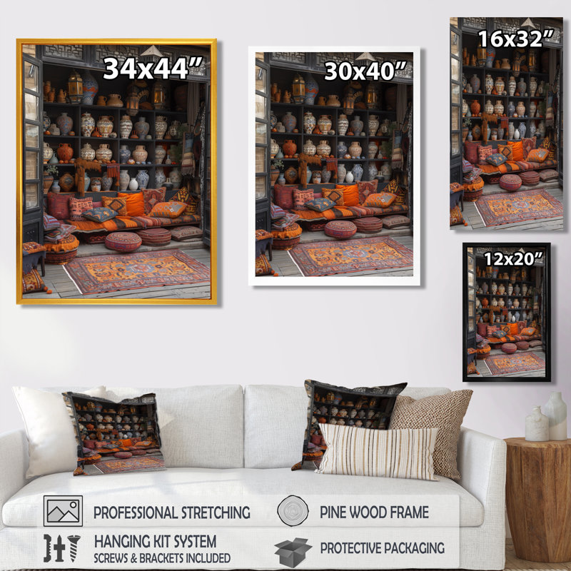 Art bohémien bazar orange et gris - Art mural, H 24 po x l 32 po, Cadre flottant blanc