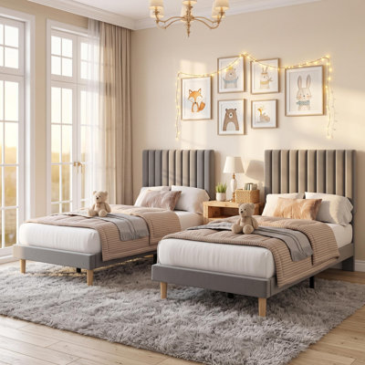 2-Pack Twin Velvet Upholstered Sleeping Base, Customizable Channel Stitched Headboard Platform Beds Supported by Sturdy Wooden Slats, No Extra Foundation Required for Simple Setup, Grey