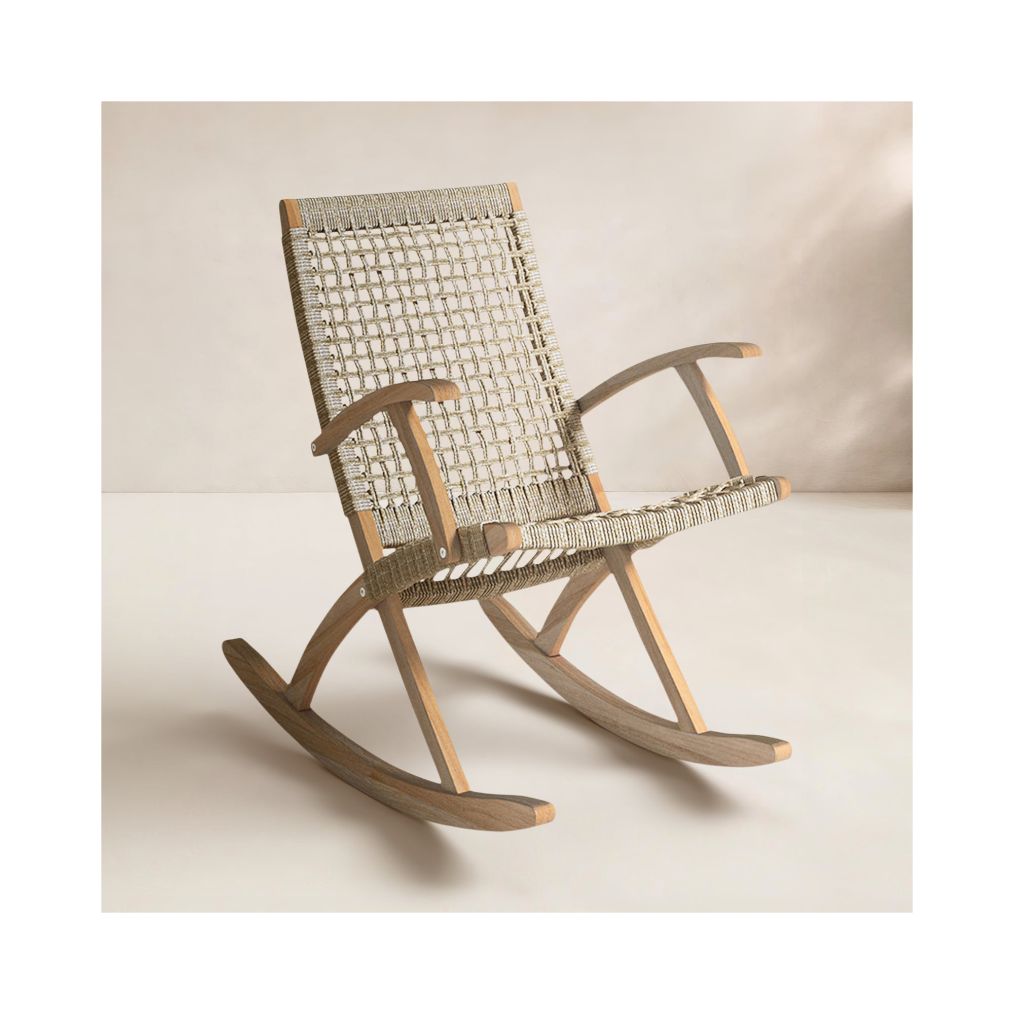 Outdoor Brayson Rocking Solid Wood Chair, Light Brown/Wheat Rope