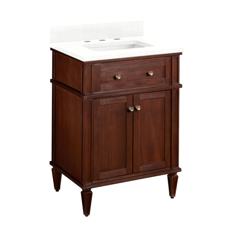 24" Elmdale Single Bathroom Vanity Set with Rectangular Undermount Sink, 8" Widespread, Feathered White Quartz, Antique Brown