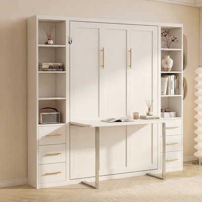 Grand lit escamotable avec rangement et bureau, cadre de lit mural peu encombrant avec tablettes, armoires à tiroirs et table pliable, lit escamotable moderne pour le bureau d'une chambre d'amis