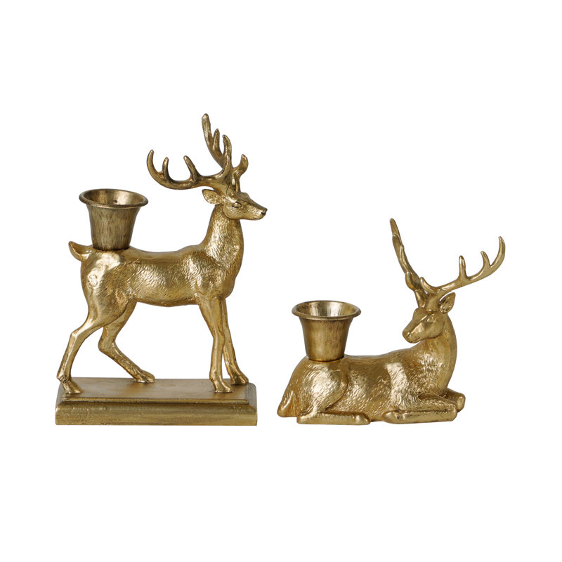 2 Piece Decorative Gold Resin Sitting And Standing Deer Tabletop Taper Candleholder Candlestick Set