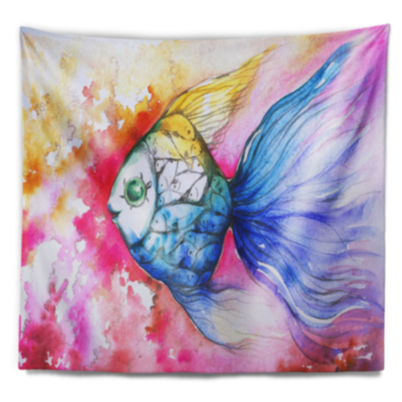 Tapisserie poisson bleu sur fond rouge, H 32 po x l 39 po