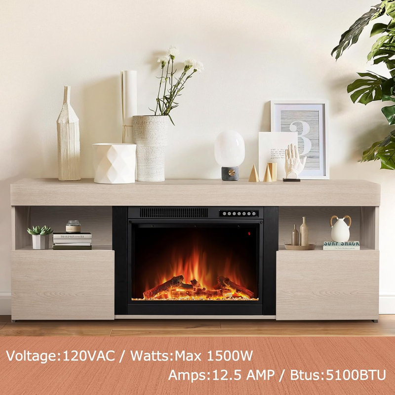 60" Electric Fireplace TV Stand with Remote,4 Flame & 12 Crystal Colors with Auto-Glow,Fully Adjustable 3D Flame,Sleep Timer & Safety Protection,Light Oak