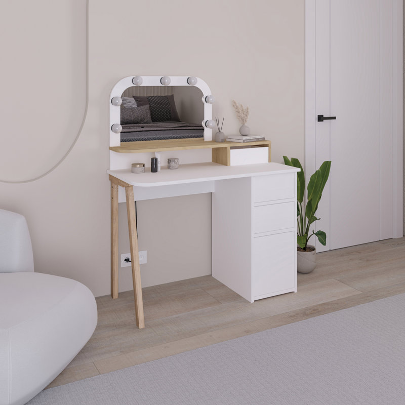 Camryne Dressing Table with Mirror, White/Sapphire Oak
