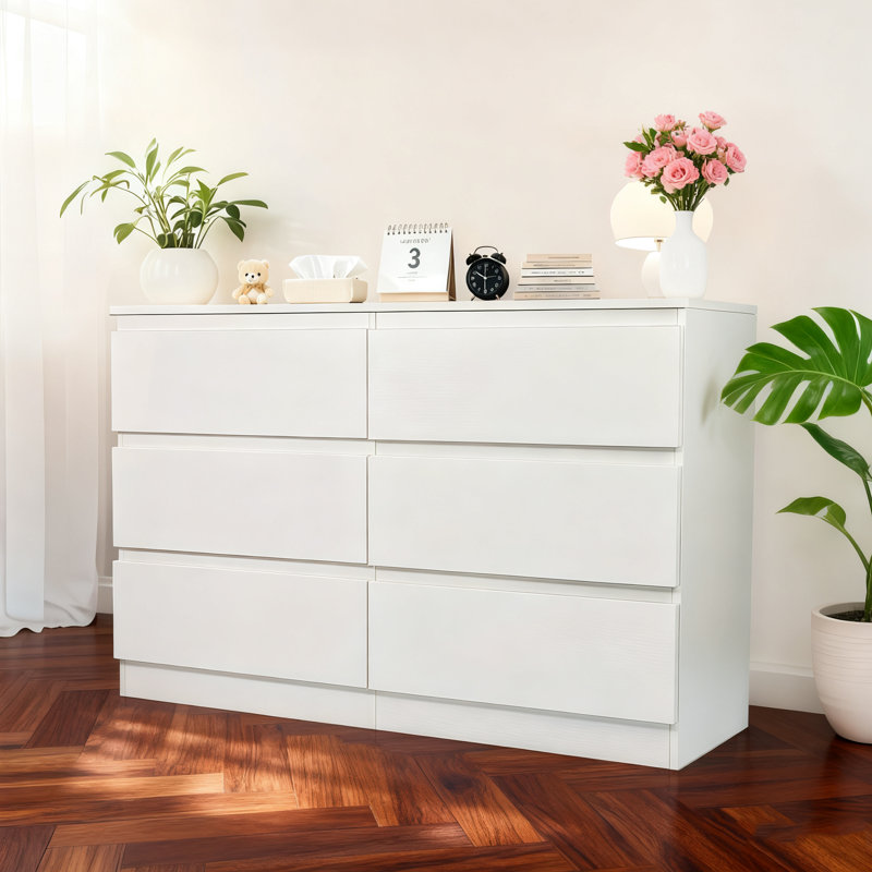 Commode 6 tiroirs, commode moderne pour la chambre à coucher avec comptoir spacieux, armoire de rangement avec poignées dissimulées