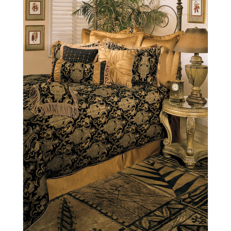 Ensemble d'édredon 6 pièces en polyester damassé China Art, Édredon pour grand lit + 2 taies décoratives, Noir