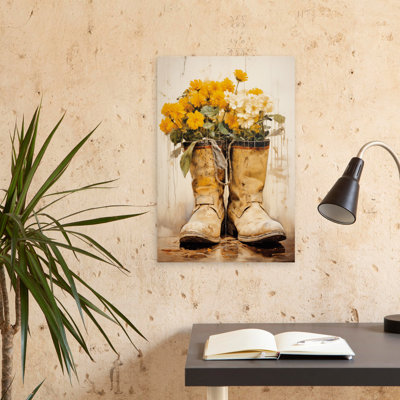 Flower Pickin' - Modern Farmhouse  Vintage Yellow Flowers In Boots Rustic Decor Vintage Shoes Art