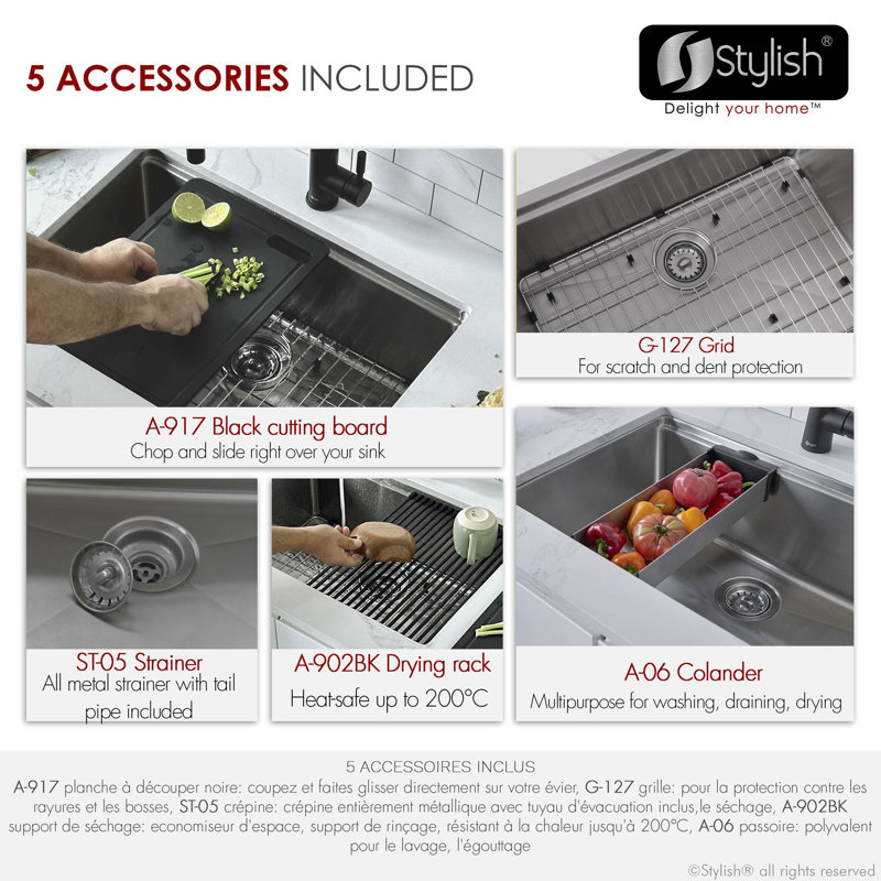 Stylish 27" Stainless Steel Single-Bowl Drop-In Workstation Sink