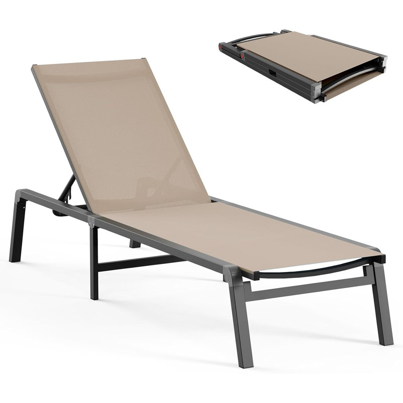 Outdoor Aluminum Lounge Chair - Foldable, Assembly-Free, with 5 Adjustable Backrests, Khaki