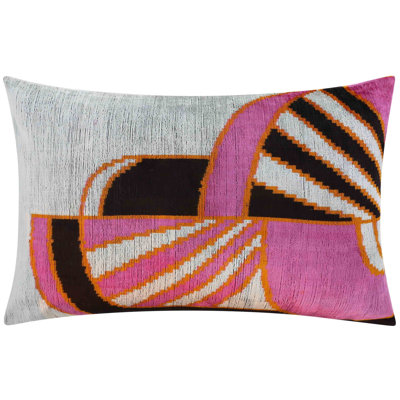Handmade Geometric Silk Velvet Throw Pillow - 16X24, Pink And Orange Modern Design With Down Feather Insert