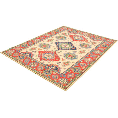 Tapis d’une surface en laine ivoire/rouge 8 pi 2 po x 10 pi x 4 po à la main one-of-kind-noué la 2010s ouzbek gazni Capelle