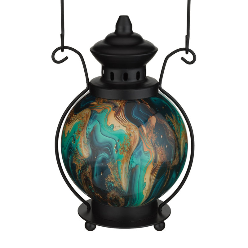Lanterne d'extérieur 14,5 pouces à DEL en verre et métal avec crochet décoratif et pile rechargeable - Vert, Vert