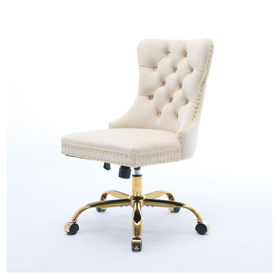 A&A Furniture Modern Velvet Tufted Office Chair in Beige with Wide Seating and Hand-Pulled Buttons