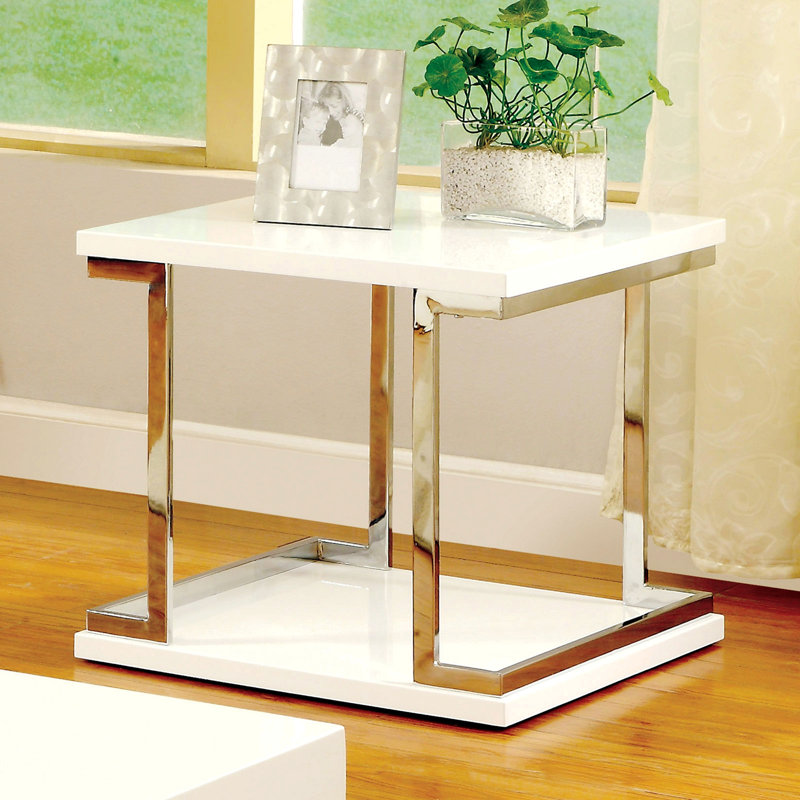 Table de bout de style contemporain avec tablette inférieure, table d'appoint avec cadre chromé laqué ultrabrillant