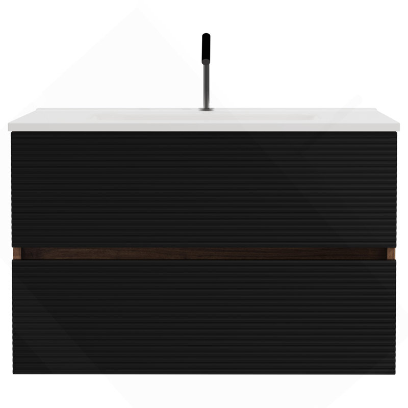 Meuble-lavabo mural noir et noyer de 30 po avec lavabo intégré en céramique avec trop-plein, grand meuble-lavabo flottant avec rangement pour salle de bain moderne