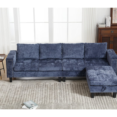 Canapé modulaire avec rangement, chenille bleue à 5 places, chenille en L en matériau, méridienne réversible pour la maison