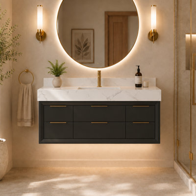 48" Wall-Mounted Single Bathroom Vanity With White Stone Countertop, LED Light & 6 Soft-Close Drawers, Pre-assembled