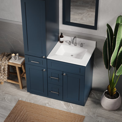Meuble-lavabo simple autoportant 40 po avec armoire à linge haute gauche, comptoir en quartz de Carrare, 3 tiroirs