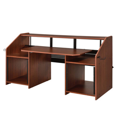 Bureau de musique rectangulaire en cerisier pour les réalisateurs, 2 compartiments ouverts, 1 tablette au-dessus, écouteurs, trous pour câbles, fixation pour trous de vis, plateau coulissant et pédales à crochets latéraux