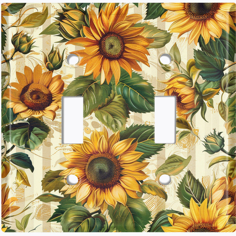 Couvercle de plaque d'interrupteur en métal; Bascule de taille standard US 2 - tournesols rétro, #2 Double Toggle