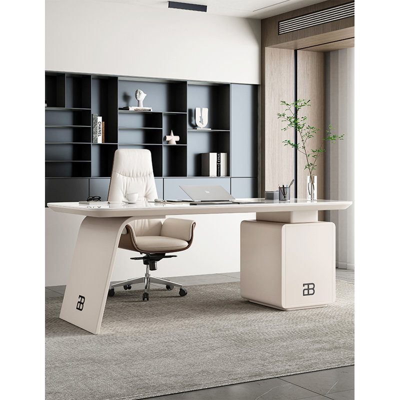 Bureau en pierre frittée clair de luxe avec tiroirs, H 29,5 po x l 63 po x P 27,6 po